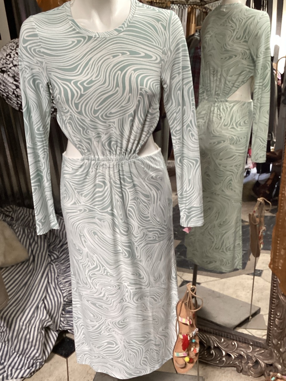 Long Sleeve Sage Swirl Cutout Midi Dress smart & sassy,,,  mint n creme